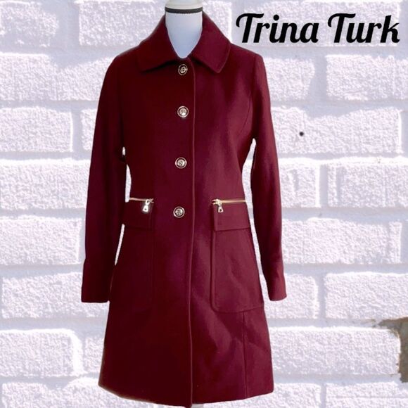 TRINA TURK NWT WOMENS HOPE BUTTON WOOL BLEND COAT JACKET OXBLOOD COLOR SIZE 4 - Picture 1 of 7